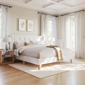 Martha Stewart Carmy Platform Bed with Tufted Headboard, Cushioned Side Rails, Faux Linen Upholstery, Wood Slat Foundation, No Box Spring Needed, King, White(King)