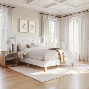 Martha Stewart Carmy Platform Bed with Tufted Headboard, Cushioned Side Rails, Faux Linen Upholstery, Wood Slat Foundation, No Box Spring Needed, King, White(Queen)