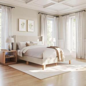 Martha Stewart Maisie Platform Bed with Wingback Headboard and Cushioned Side Rails, Faux Linen Upholstery, Wood Slat Foundation, No Box Spring Needed, King, Beige(Beige)