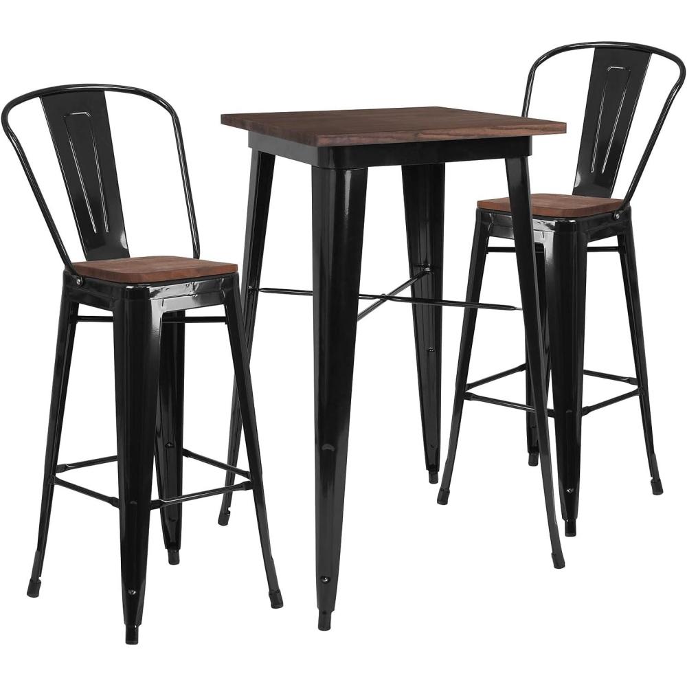 image:imageFlash Furniture 235 Square Metal Bar Table Set with Wood Top and 2 Stools Black