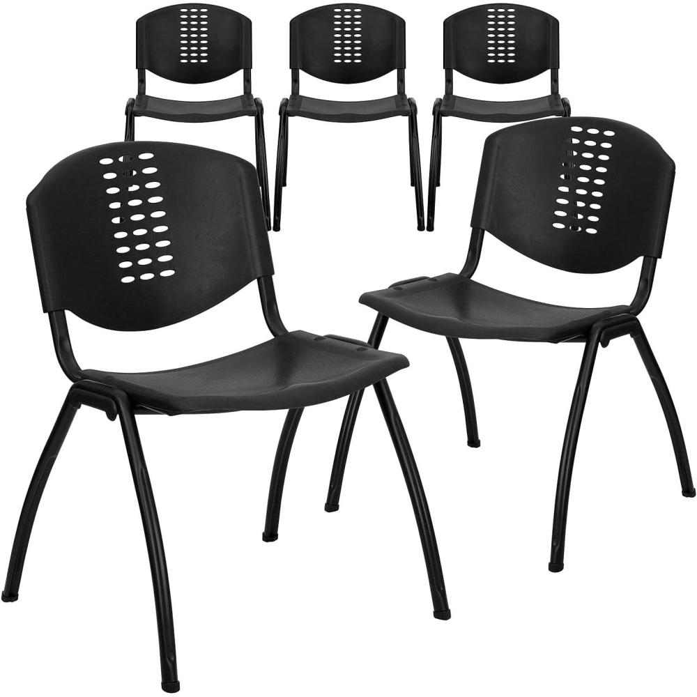 image:imageFlash Furniture 5 Pack HERCULES Series 880 lb Capacity Black Plastic Stack Chair with Oval Cutout Back and Black FrameSet of 5