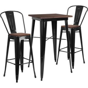 Flash Furniture 23.5″ Square Metal Bar Table Set with Wood Top and 2 Stools, Black