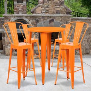 Flash Furniture Callum Commercial Grade 30″ Round Blue Metal Indoor-Outdoor Bar Table Set with 4 Cafe Stools(Orange)