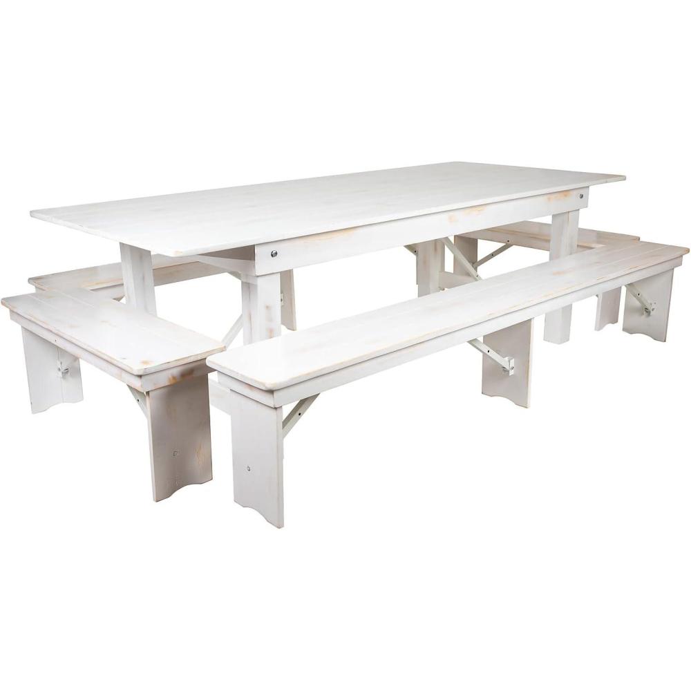 image:imageFlash Furniture HERCULES Series 8 x 40 Antique Rustic White Folding Farm Table and Four Bench SetAntique Rustic White
