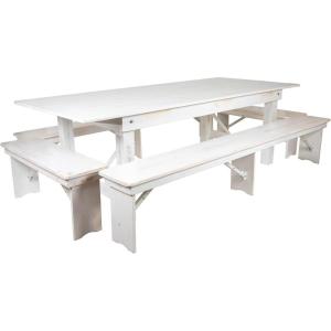 Flash Furniture HERCULES Series 8′ x 40″ Antique Rustic White Folding Farm Table and Four Bench Set(Antique Rustic White)