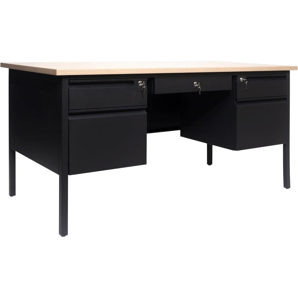 image:imageFlash Furniture Cambridge Double Pedestal Desk with 5 Locking Drawers Commercial Grade Teachers or Office Desk 30x60 Metal Frame WalnutBlackWhite Oak