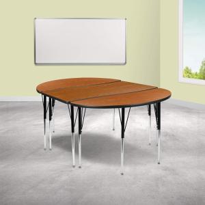 Flash Furniture 3 Piece 76″ Oval Wave Collaborative Grey Thermal Laminate Activity Table Set – Standard Height Adjustable Legs(Oak)