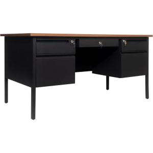 Flash Furniture Cambridge Double Pedestal Desk with 5 Locking Drawers, Commercial Grade Teacher’s or Office Desk, 30×60, Metal Frame, Walnut/Black(Walnut)