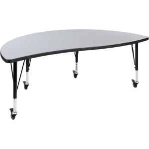 Flash Furniture Mobile 60″ Half Circle Wave Collaborative Oak Thermal Laminate Activity Table – Height Adjustable Short Legs(Grey)