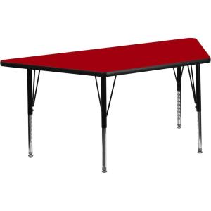 Flash Furniture Wren 29”W x 57”L Trapezoid Oak Thermal Laminate Activity Table – Height Adjustable Short Legs(Red)