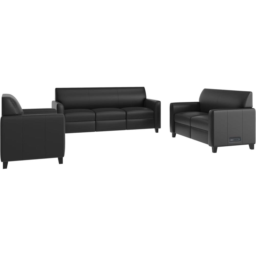 image:imageFlash Furniture Agent 3 Piece Reception Seating Set with Charging Stations Dual AC and USB Ports Plus USBC Port Lobby Seating with Hardwood Frames Raised Wooden Feet Black LeatherSoft