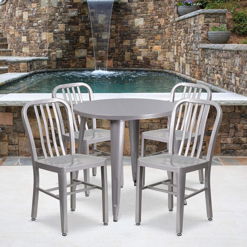 image:imageFlash Furniture Commercial Grade 30 Round BlackAntique Gold Metal IndoorOutdoor Table Set with 4 Vertical Slat Back ChairsGrey