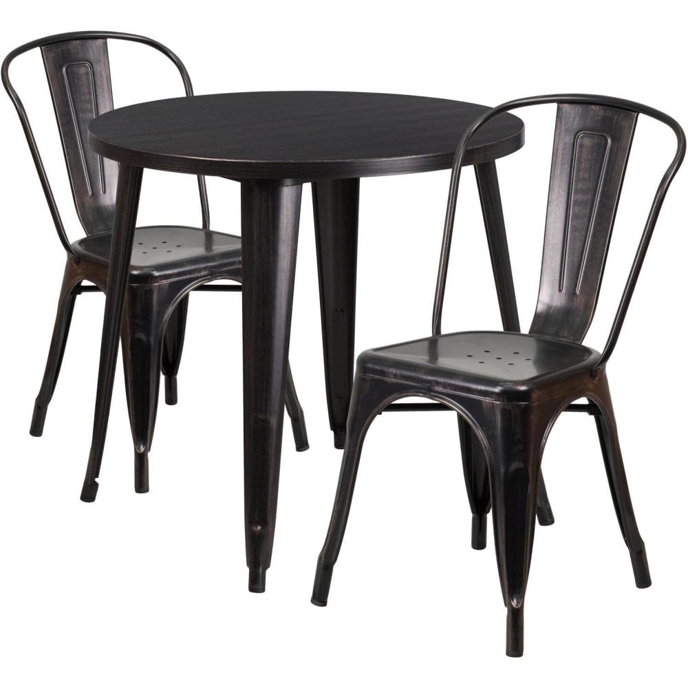 image:imageFlash Furniture Commercial Grade 30 Round White Metal IndoorOutdoor Table Set with 2 Cafe ChairsBlackantique Gold