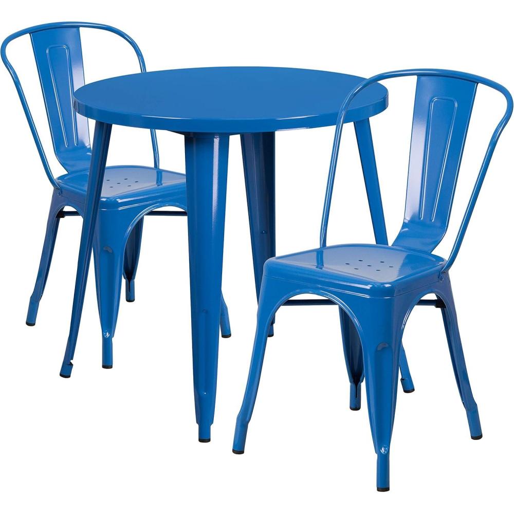 image:imageFlash Furniture Commercial Grade 30 Round White Metal IndoorOutdoor Table Set with 2 Cafe ChairsBlue