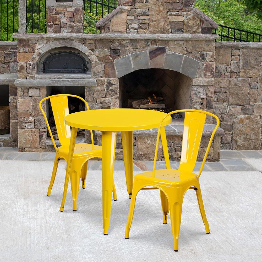 image:imageFlash Furniture Commercial Grade 30 Round White Metal IndoorOutdoor Table Set with 2 Cafe ChairsYellow