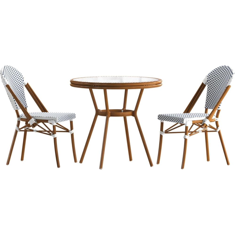 image:imageFlash Furniture Lourdes IndoorOutdoor Commercial French Bistro Set  Tempered Glass Top Table  2 Chairs  PE Rattan  NAT Bamboo Print Aluminum Frame  WhiteNavyWhite  Navy RattanNatural Frame