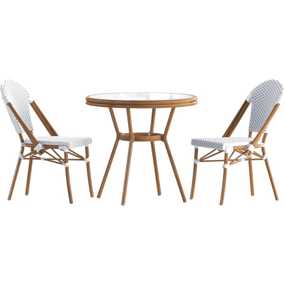 image:imageFlash Furniture Lourdes IndoorOutdoor Commercial French Bistro Set  Tempered Glass Top Table  2 Chairs  PE Rattan  NAT Bamboo Print Aluminum Frame  WhiteNavyWhite  Gray RattanNatural Frame