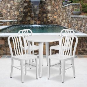Flash Furniture Commercial Grade 30″ Round Black-Antique Gold Metal Indoor-Outdoor Table Set with 4 Vertical Slat Back Chairs(White)