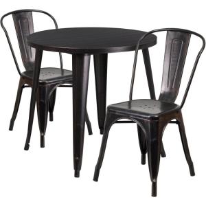 Flash Furniture Commercial Grade 30″ Round White Metal Indoor-Outdoor Table Set with 2 Cafe Chairs(Black-antique Gold)