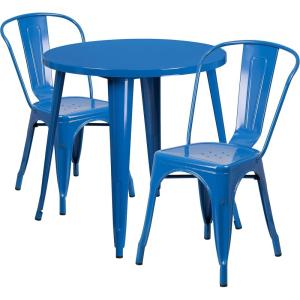 Flash Furniture Commercial Grade 30″ Round White Metal Indoor-Outdoor Table Set with 2 Cafe Chairs(Blue)