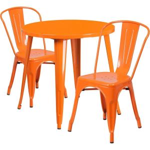 Flash Furniture Commercial Grade 30″ Round White Metal Indoor-Outdoor Table Set with 2 Cafe Chairs(Orange)