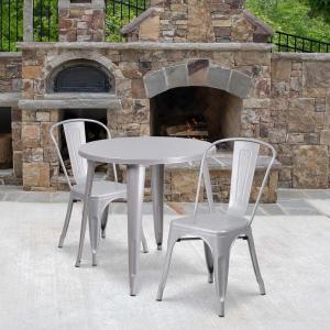 Flash Furniture Commercial Grade 30″ Round White Metal Indoor-Outdoor Table Set with 2 Cafe Chairs(Silver)