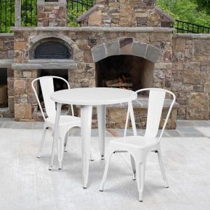 Flash Furniture Commercial Grade 30″ Round White Metal Indoor-Outdoor Table Set with 2 Cafe Chairs(White)