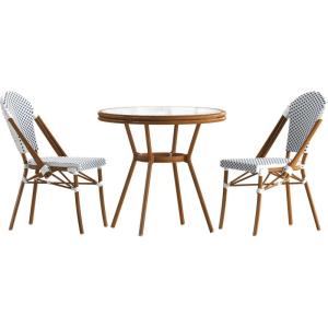 Flash Furniture Lourdes Indoor/Outdoor Commercial French Bistro Set – Tempered Glass Top Table – 2 Chairs – PE Rattan – NAT Bamboo Print Aluminum Frame – White/Navy(White & Navy Rattan/Natural Frame)