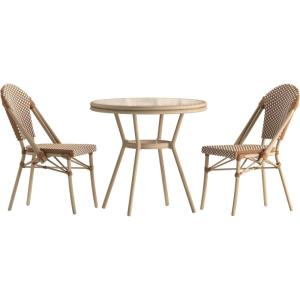Flash Furniture Lourdes Indoor/Outdoor Commercial French Bistro Set – Tempered Glass Top Table – 2 Chairs – PE Rattan – NAT Bamboo Print Aluminum Frame – White/Navy(Natural & White Rattan/Light Natural Frame)
