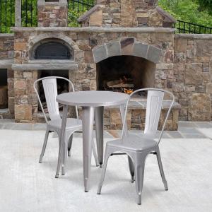 Flash Furniture Commercial Grade 24″ Round Orange Metal Indoor-Outdoor Table Set with 2 Cafe Chairs(Silver)