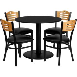 Flash Furniture 36” Round Black Laminate Table Set with 4 Wood Slat Back Metal Chairs – Black Vinyl Seat