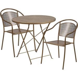 Flash Furniture Commercial Grade 30″ Round Gold Indoor-Outdoor Steel Folding Patio Table Set with 2 Round Back Chairs(Gold)