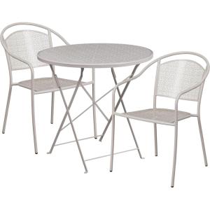 Flash Furniture Commercial Grade 30″ Round Gold Indoor-Outdoor Steel Folding Patio Table Set with 2 Round Back Chairs(Light Gray)