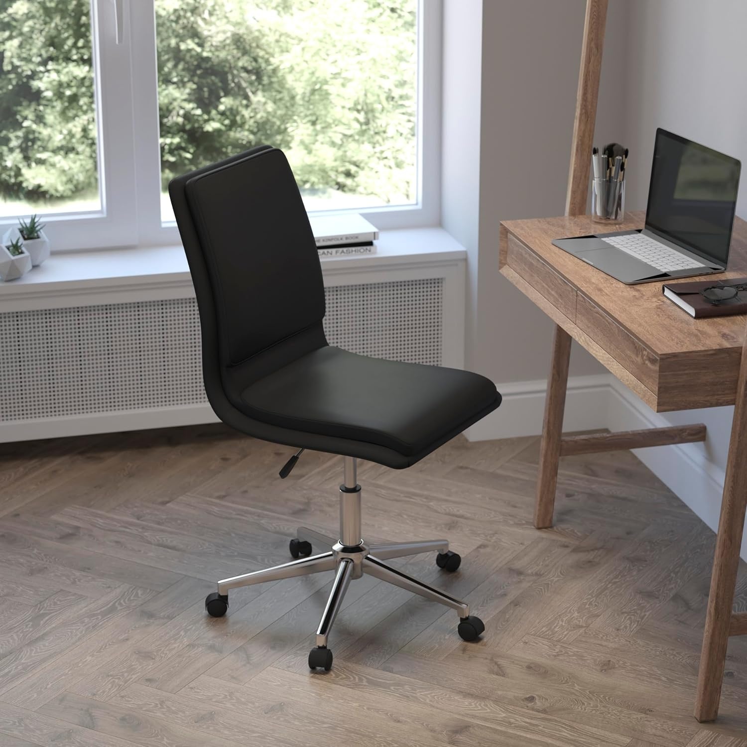 image:imageFlash Furniture Madigan Task Office Chair Luxurious Black LeatherSoft Upholstery Padded MidBack and Seat Height Adjustable Chrome Base ArmlessBlack