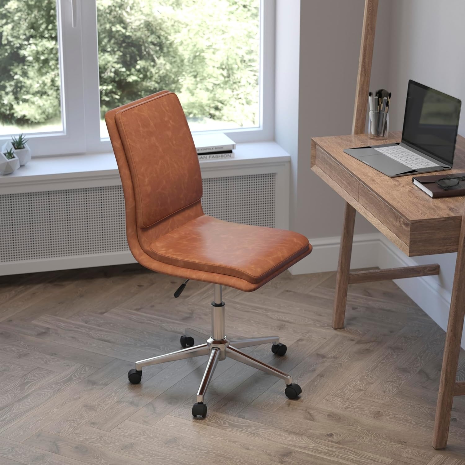 image:imageFlash Furniture Madigan Task Office Chair Luxurious Black LeatherSoft Upholstery Padded MidBack and Seat Height Adjustable Chrome Base ArmlessBrown