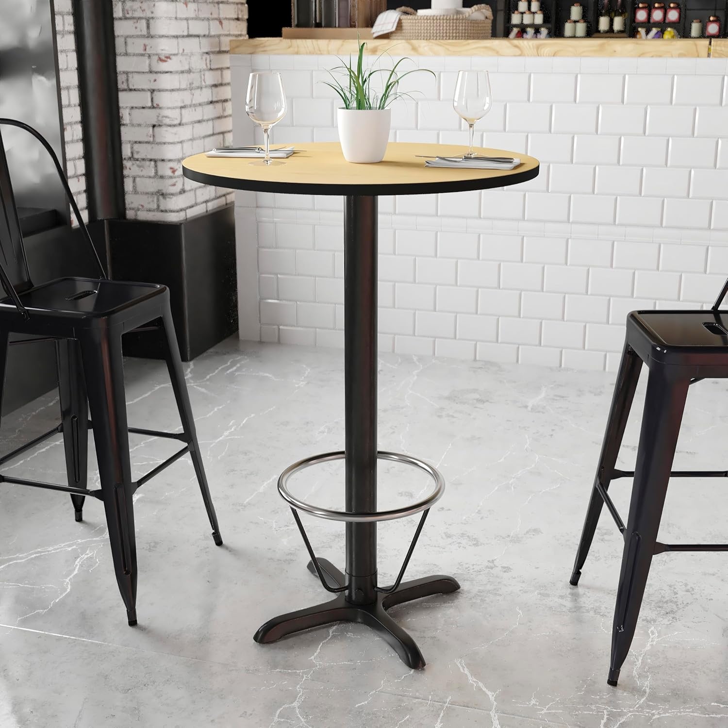 image:imageFlash Furniture 30 Round Mahogany Laminate Table Top with 22 x 22 Bar Height Table Base and Foot RingNatural