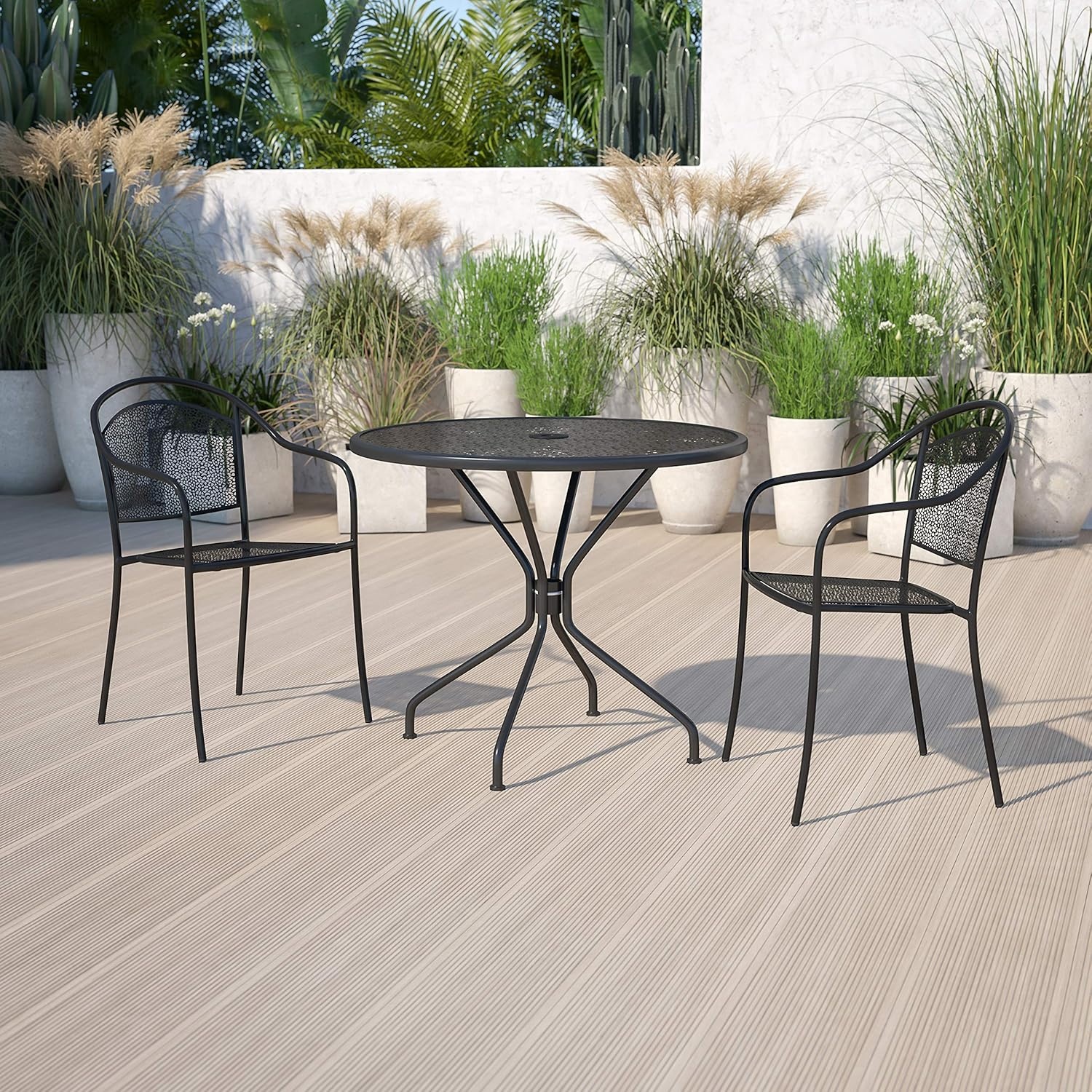 image:imageFlash Furniture 5 Pack Black Patio Arm Chair and 3525 Round Black Patio Table with Umbrella Hole