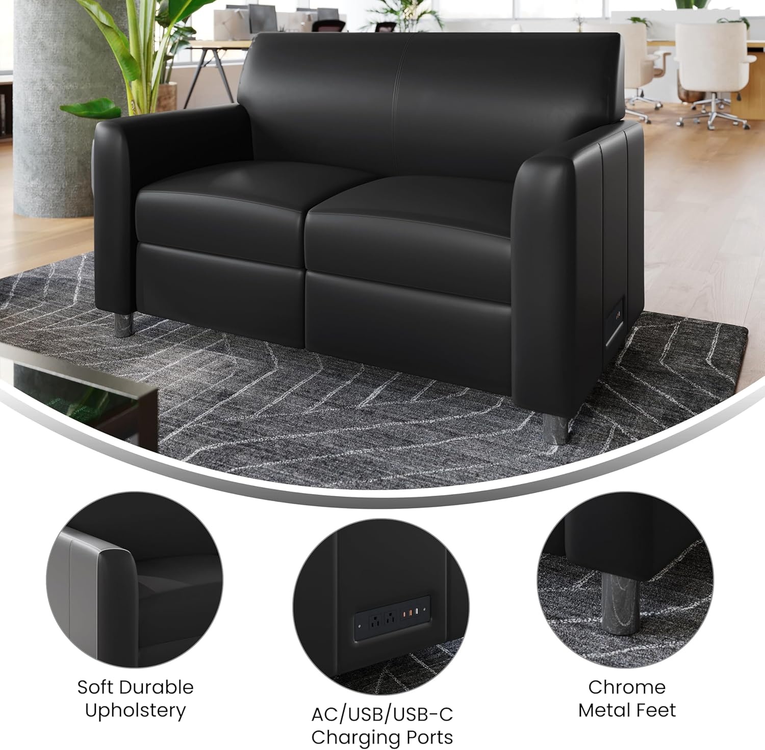 image:imageFlash Furniture Agent Reception Loveseat with Right Side Charging Station Dual AC and USB Ports Plus USBC Port Lobby Sofa with Hardwood Frame Chrome Legs Black LeatherSoftBlackChrome Legs