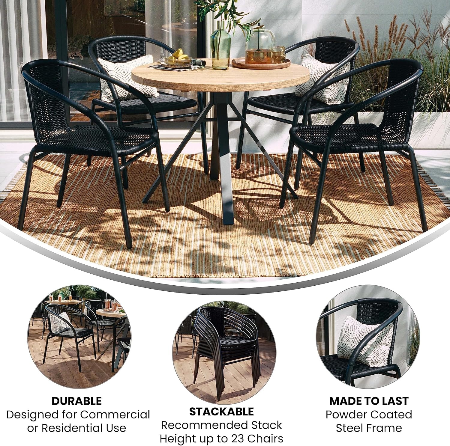 image:imageFlash Furniture Modern Rattan IndoorOutdoor Restaurant Dining Chairs and Barker 235 Square Tempered Glass Metal TableBlack