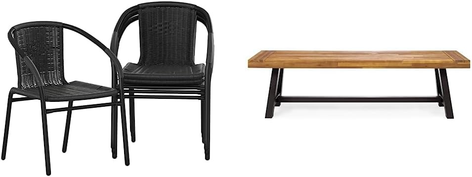 image:imageFlash Furniture Modern Rattan IndoorOutdoor Restaurant Dining Chairs and Barker 235 Square Tempered Glass Metal TableBlack