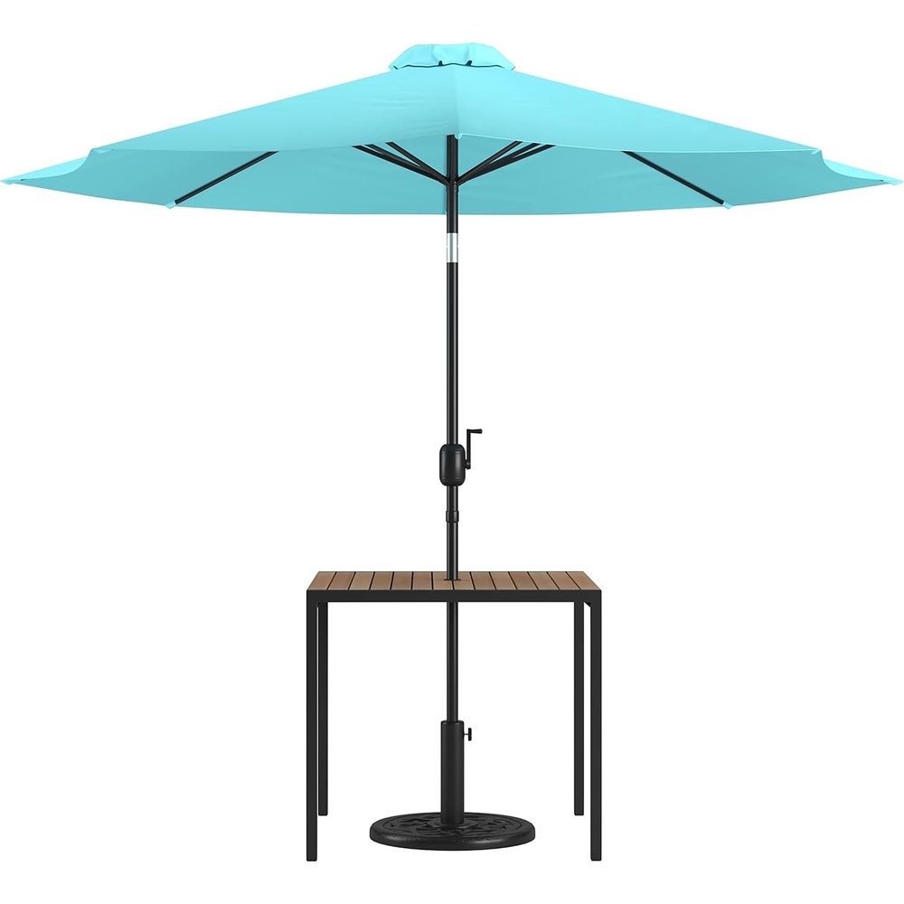 image:imageFlash Furniture 3 Piece Outdoor Patio Table Set Natural Faux Teak Dining Table 35 Square Synthetic Teak Patio Table with Umbrella Hole Tan Umbrella with BaseTeal