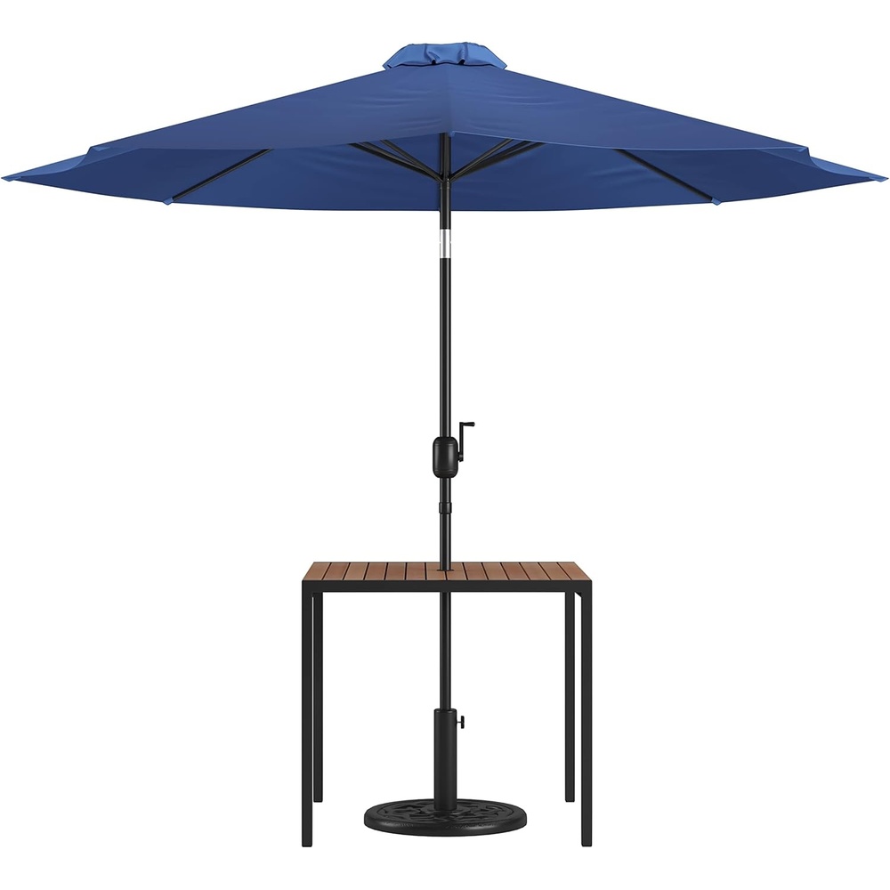 image:imageFlash Furniture 3 Piece Outdoor Patio Table Set Natural Faux Teak Dining Table 35 Square Synthetic Teak Patio Table with Umbrella Hole Tan Umbrella with BaseNavy