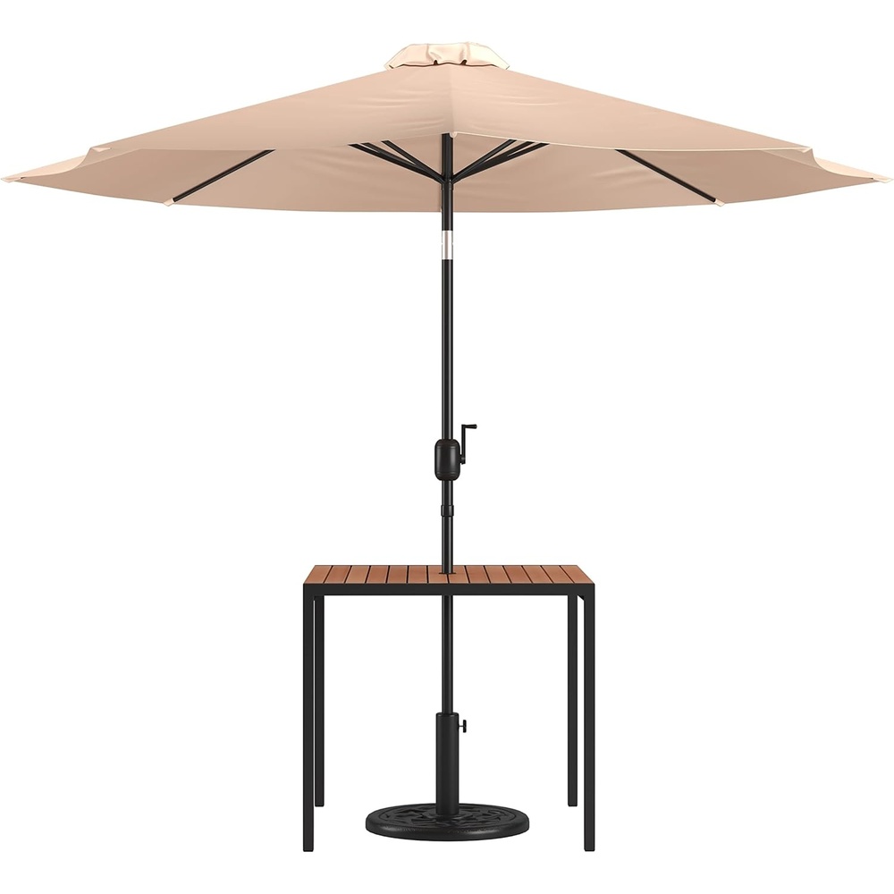 image:imageFlash Furniture 3 Piece Outdoor Patio Table Set Natural Faux Teak Dining Table 35 Square Synthetic Teak Patio Table with Umbrella Hole Tan Umbrella with BaseTan