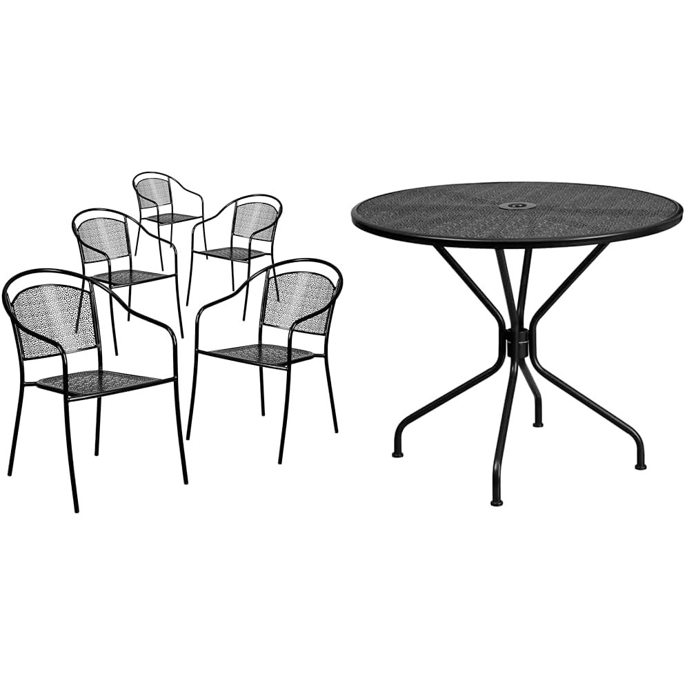 image:imageFlash Furniture 5 Pack Black Patio Arm Chair and 3525 Round Black Patio Table with Umbrella Hole