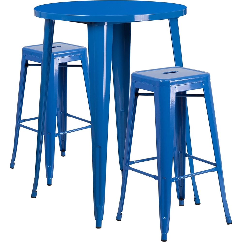image:imageFlash Furniture Commercial Grade 30 Round Silver Metal IndoorOutdoor Bar Table Set with 2 Square Seat Backless StoolsBlue
