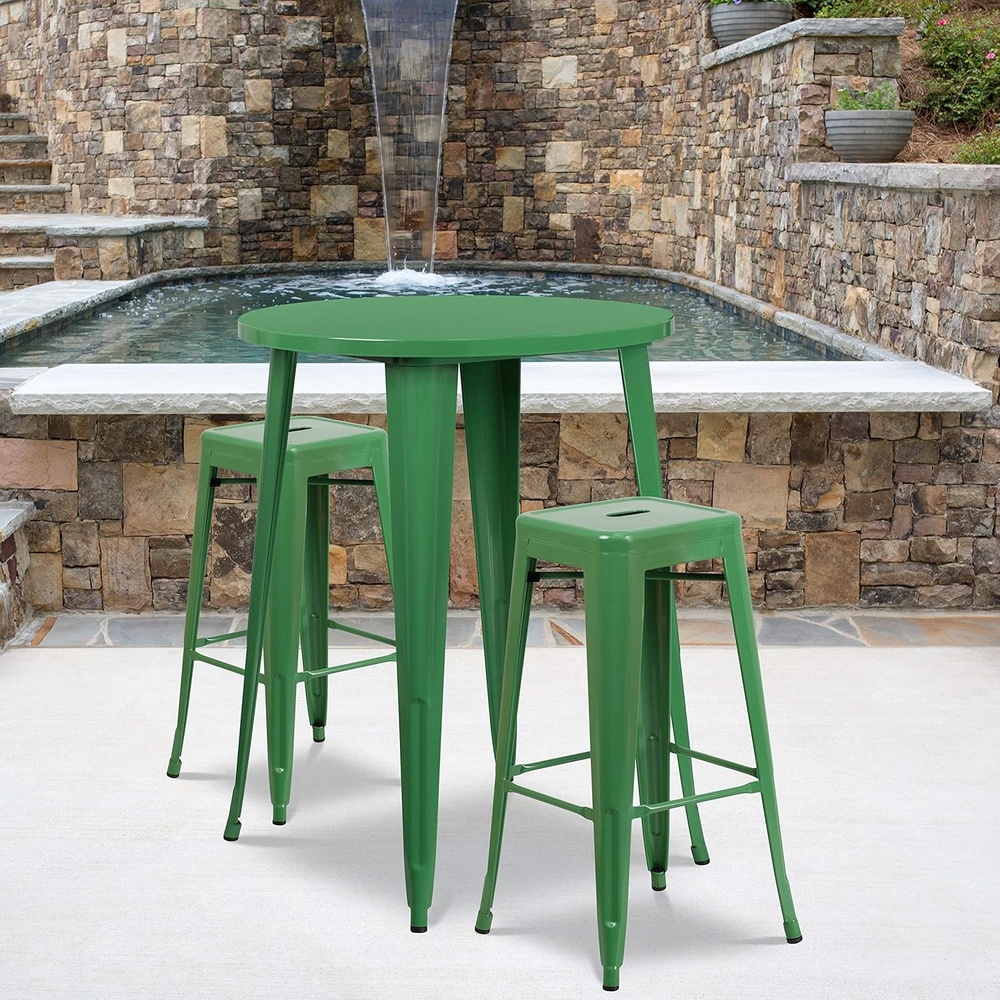 image:imageFlash Furniture Commercial Grade 30 Round Silver Metal IndoorOutdoor Bar Table Set with 2 Square Seat Backless StoolsGreen