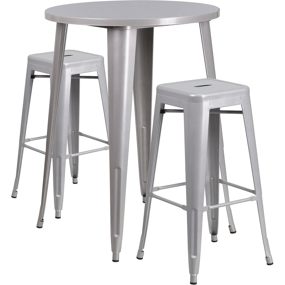 image:imageFlash Furniture Commercial Grade 30 Round Silver Metal IndoorOutdoor Bar Table Set with 2 Square Seat Backless StoolsSilver