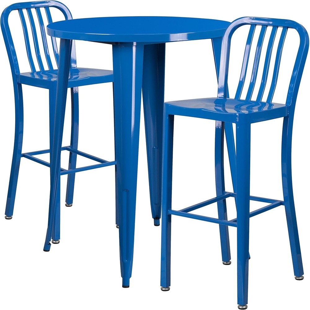 image:imageFlash Furniture Commercial Grade 30 Round White Metal IndoorOutdoor Bar Table Set with 2 Vertical Slat Back StoolsBlue