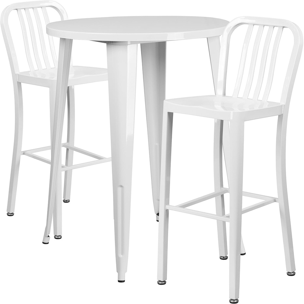 image:imageFlash Furniture Commercial Grade 30 Round White Metal IndoorOutdoor Bar Table Set with 2 Vertical Slat Back StoolsWhite