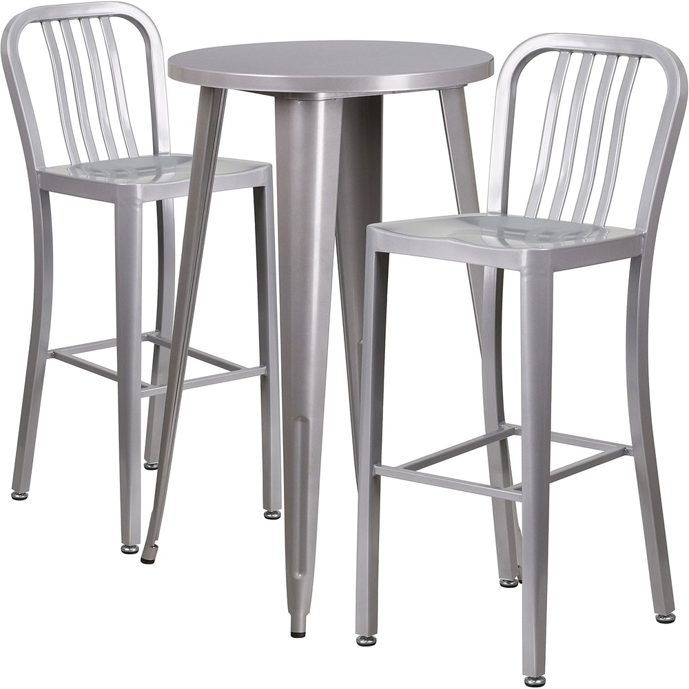 image:imageFlash Furniture Earl Commercial Grade 24 Round Silver Metal IndoorOutdoor Bar Table Set with 2 Vertical Slat Back StoolsSilver